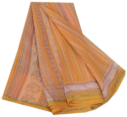 Sanskriti Vintage Mustard Sarees Indian Pure Silk Printed Sari 5yd Craft Sustainable Fabric