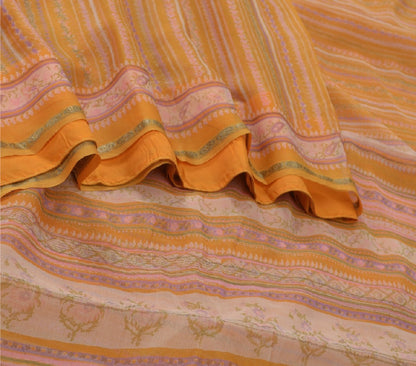 Sanskriti Vintage Mustard Sarees Indian Pure Silk Printed Sari 5yd Craft Sustainable Fabric