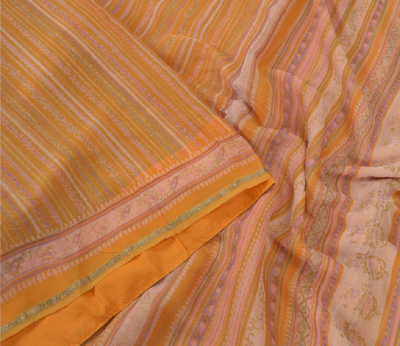 Sanskriti Vintage Mustard Sarees Indian Pure Silk Printed Sari 5yd Craft Sustainable Fabric