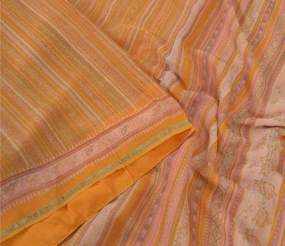 Sanskriti Vintage Mustard Sarees Indian Pure Silk Printed Sari 5yd Craft Sustainable Fabric