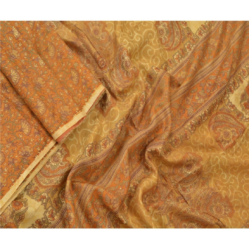 Sanskriti Vintage Mustard Sarees 100% Pure Silk Printed Sustainable Fabric Craft 5 Yard Sari