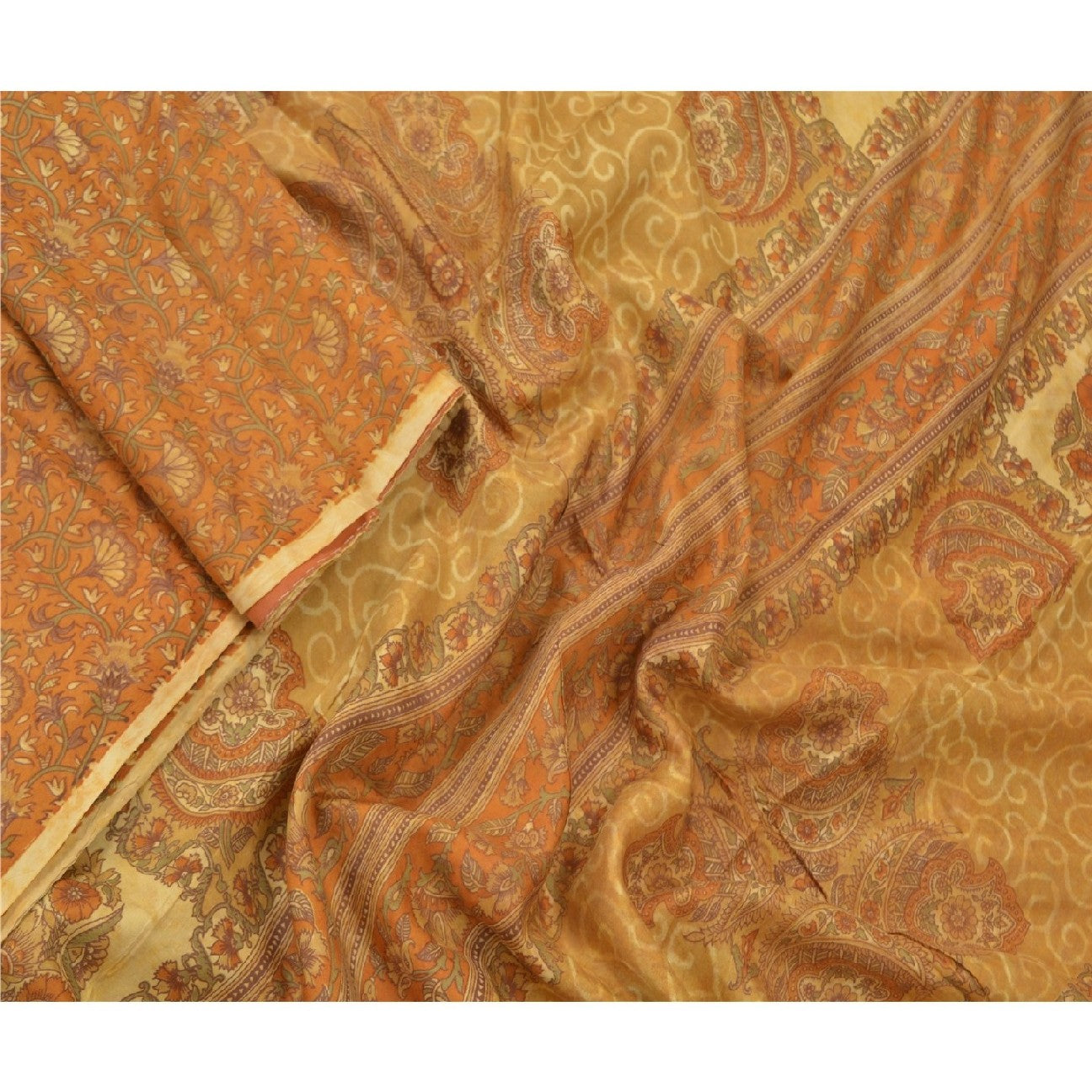 Sanskriti Vintage Mustard Sarees 100% Pure Silk Printed Sustainable Fabric Craft 5 Yard Sari