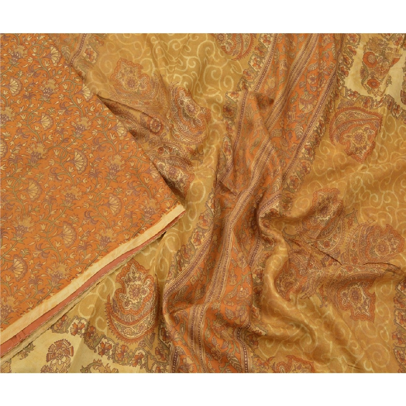 Sanskriti Vintage Mustard Sarees 100% Pure Silk Printed Sustainable Fabric Craft 5 Yard Sari