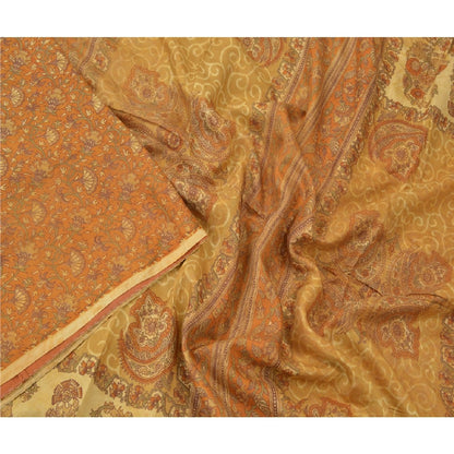 Sanskriti Vintage Mustard Sarees 100% Pure Silk Printed Sustainable Fabric Craft 5 Yard Sari