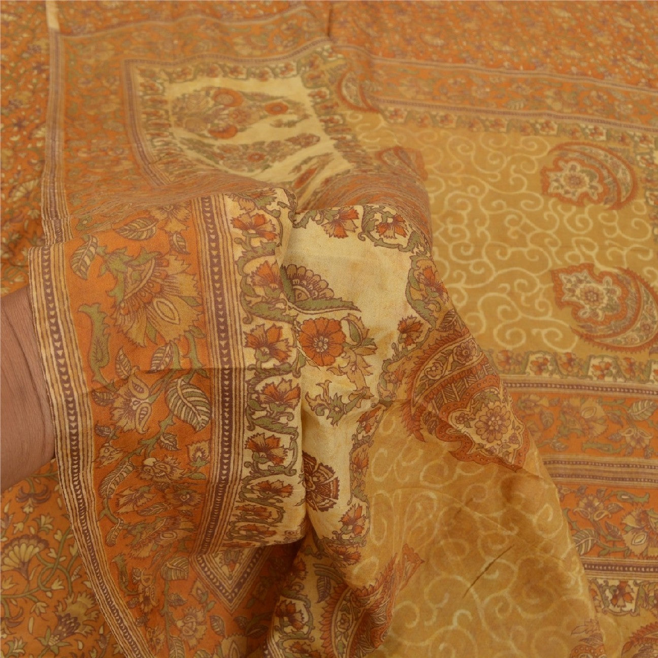 Sanskriti Vintage Mustard Sarees 100% Pure Silk Printed Sustainable Fabric Craft 5 Yard Sari