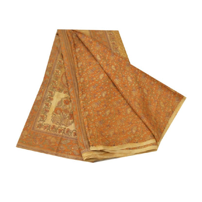 Sanskriti Vintage Mustard Sarees 100% Pure Silk Printed Sustainable Fabric Craft 5 Yard Sari