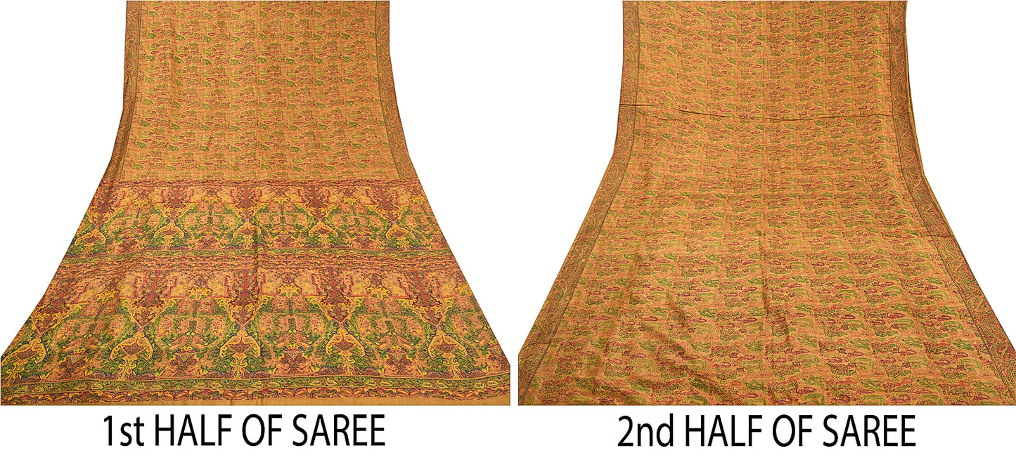 Sanskriti Vintage Brown Sarees 100% Pure Silk Printed Sari Floral Craft Sustainable Fabric