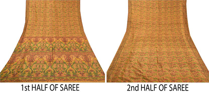 Sanskriti Vintage Brown Sarees 100% Pure Silk Printed Sari Floral Craft Sustainable Fabric