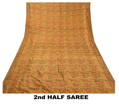 Sanskriti Vintage Brown Sarees 100% Pure Silk Printed Sari Floral Craft Sustainable Fabric