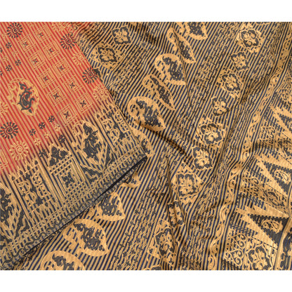 Sanskriti Vintage Red/Black Sarees Art Silk Painted Printed Sari Craft Fabric