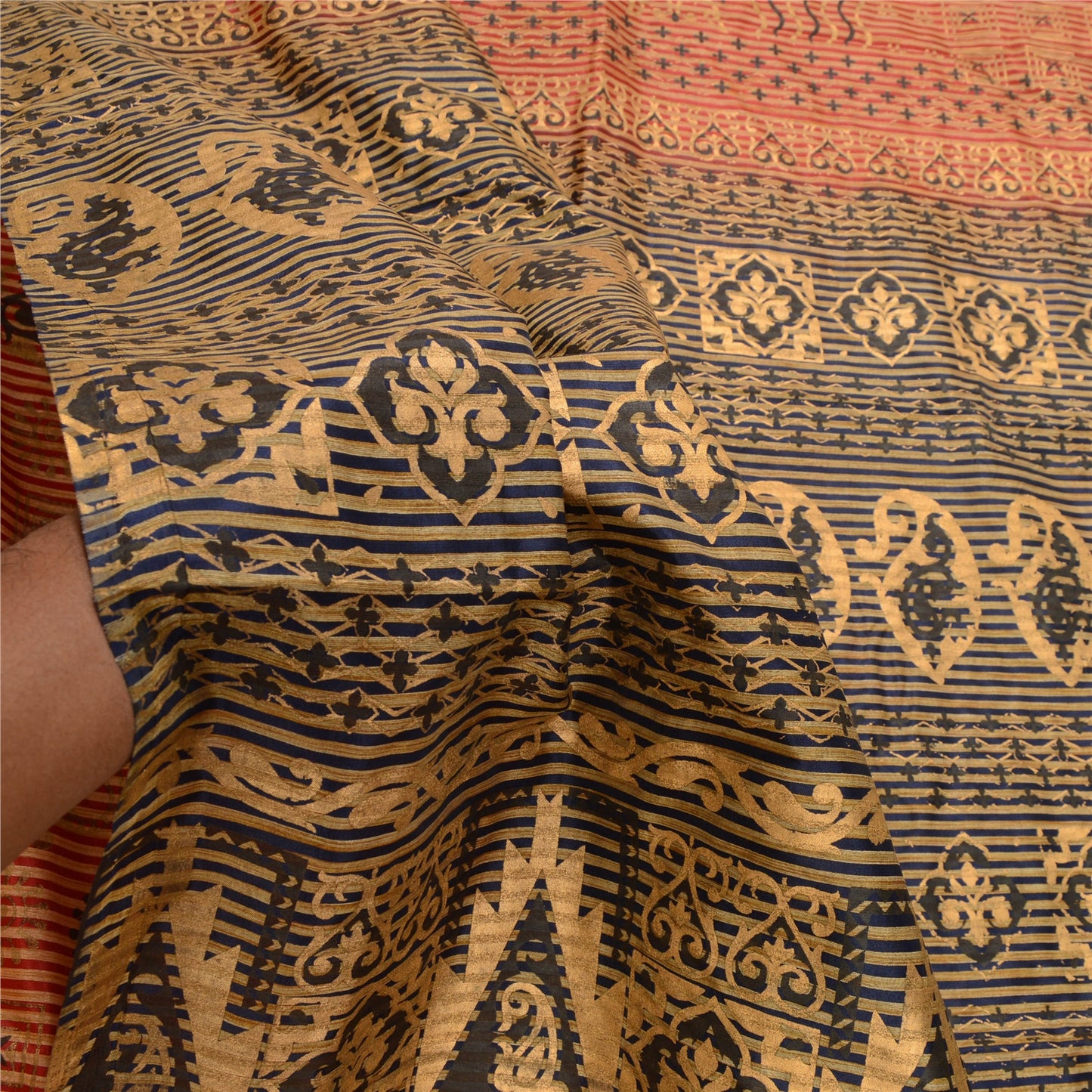 Sanskriti Vintage Red/Black Sarees Art Silk Painted Printed Sari Craft Fabric
