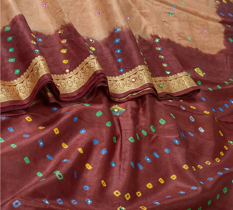 Sanskriti Vintage Brown Sarees Pure Silk Bandhani Printed Rhinestone Sari Sustainable Fabric