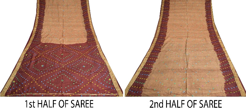 Sanskriti Vintage Brown Sarees Pure Silk Bandhani Printed Rhinestone Sari Sustainable Fabric