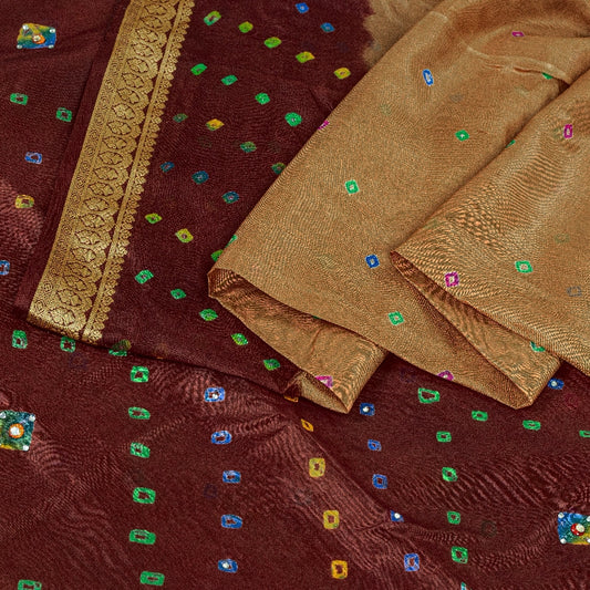 Sanskriti Vintage Brown Sarees Pure Silk Bandhani Printed Rhinestone Sari Sustainable Fabric