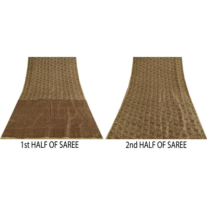 Sanskriti Vintage Brown Indian Sarees Pure Silk Printed Sari Soft Craft Fabric