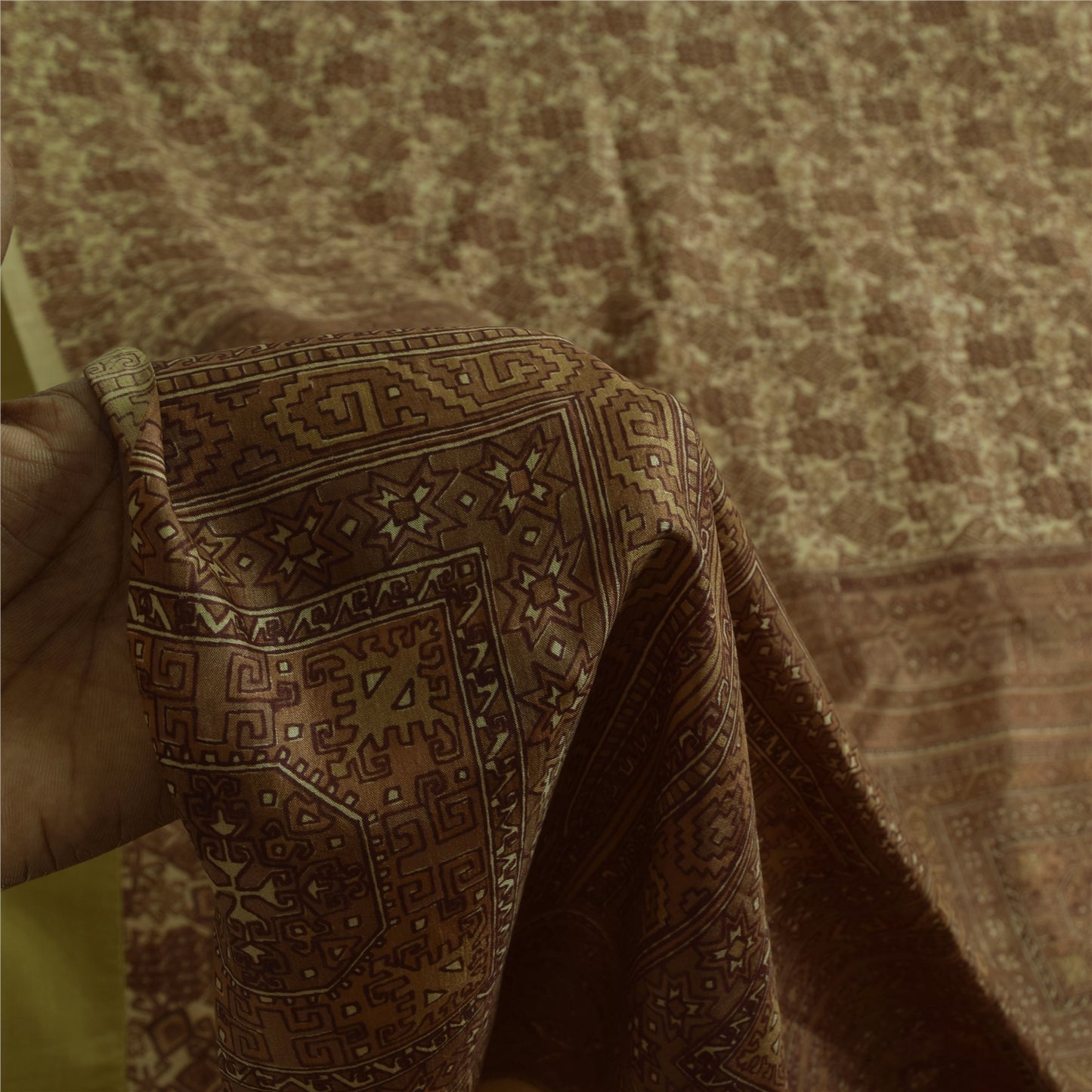 Sanskriti Vintage Brown Indian Sarees Pure Silk Printed Sari Soft Craft Fabric