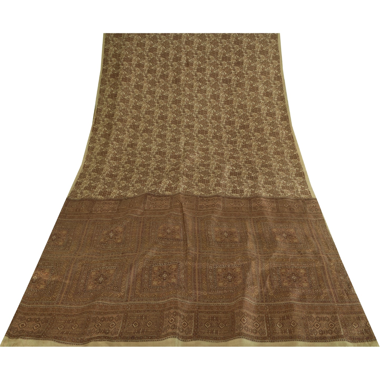 Sanskriti Vintage Brown Indian Sarees Pure Silk Printed Sari Soft Craft Fabric