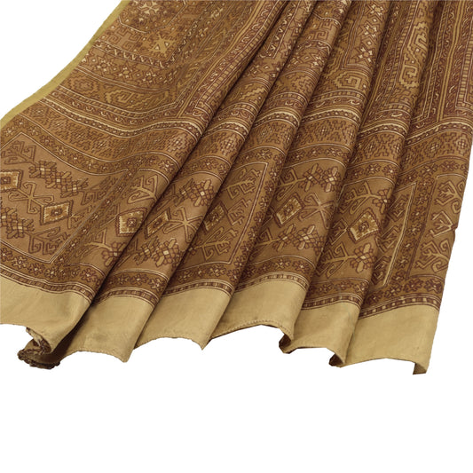 Sanskriti Vintage Brown Indian Sarees Pure Silk Printed Sari Soft Craft Fabric