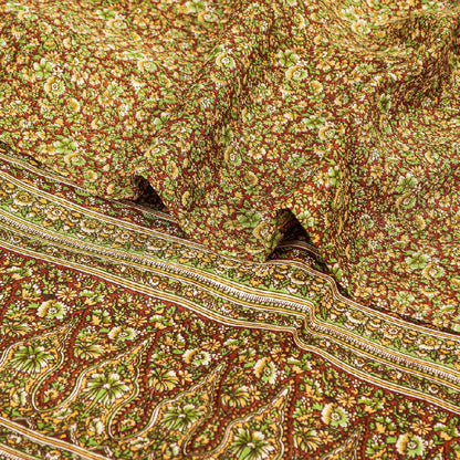 Sanskriti Vintage Dark Red Indian Pure Silk Printed Sarees Sari Soft 5yd Sustainable Fabric