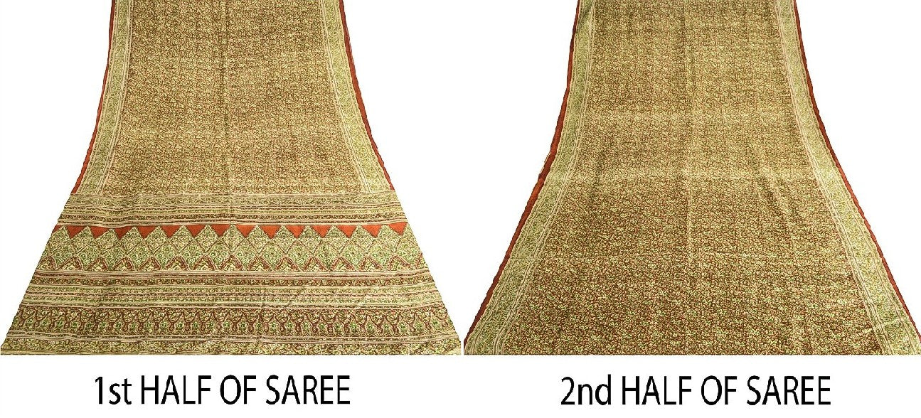 Sanskriti Vintage Dark Red Indian Pure Silk Printed Sarees Sari Soft 5yd Sustainable Fabric