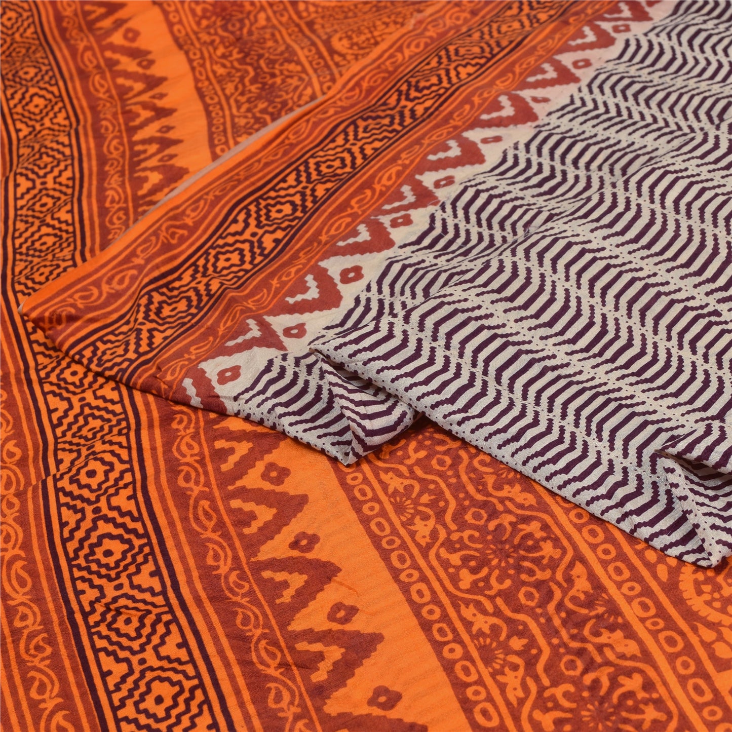 Sanskriti Vintage Ivory Indian Pure Silk Sarees Printed Sari 6 yd Craft Fabric