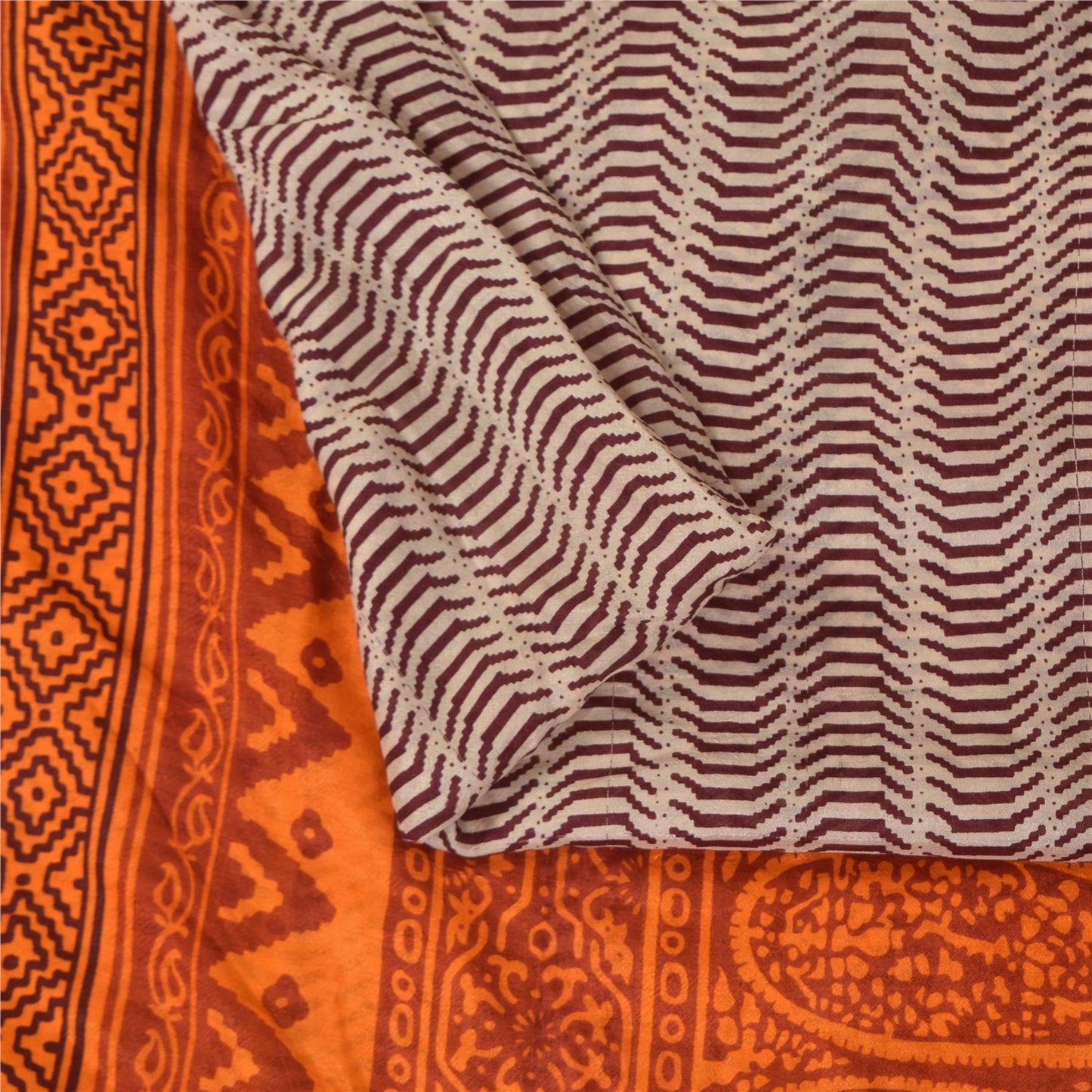 Sanskriti Vintage Ivory Indian Pure Silk Sarees Printed Sari 6 yd Craft Fabric