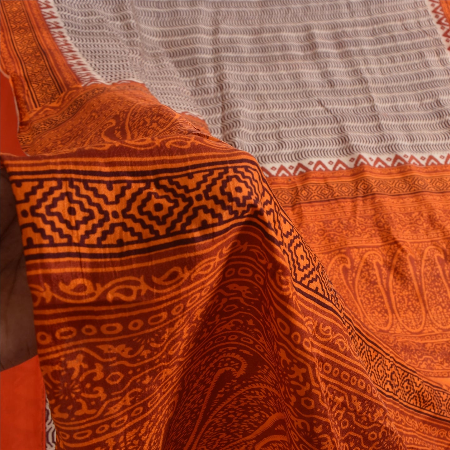 Sanskriti Vintage Ivory Indian Pure Silk Sarees Printed Sari 6 yd Craft Fabric