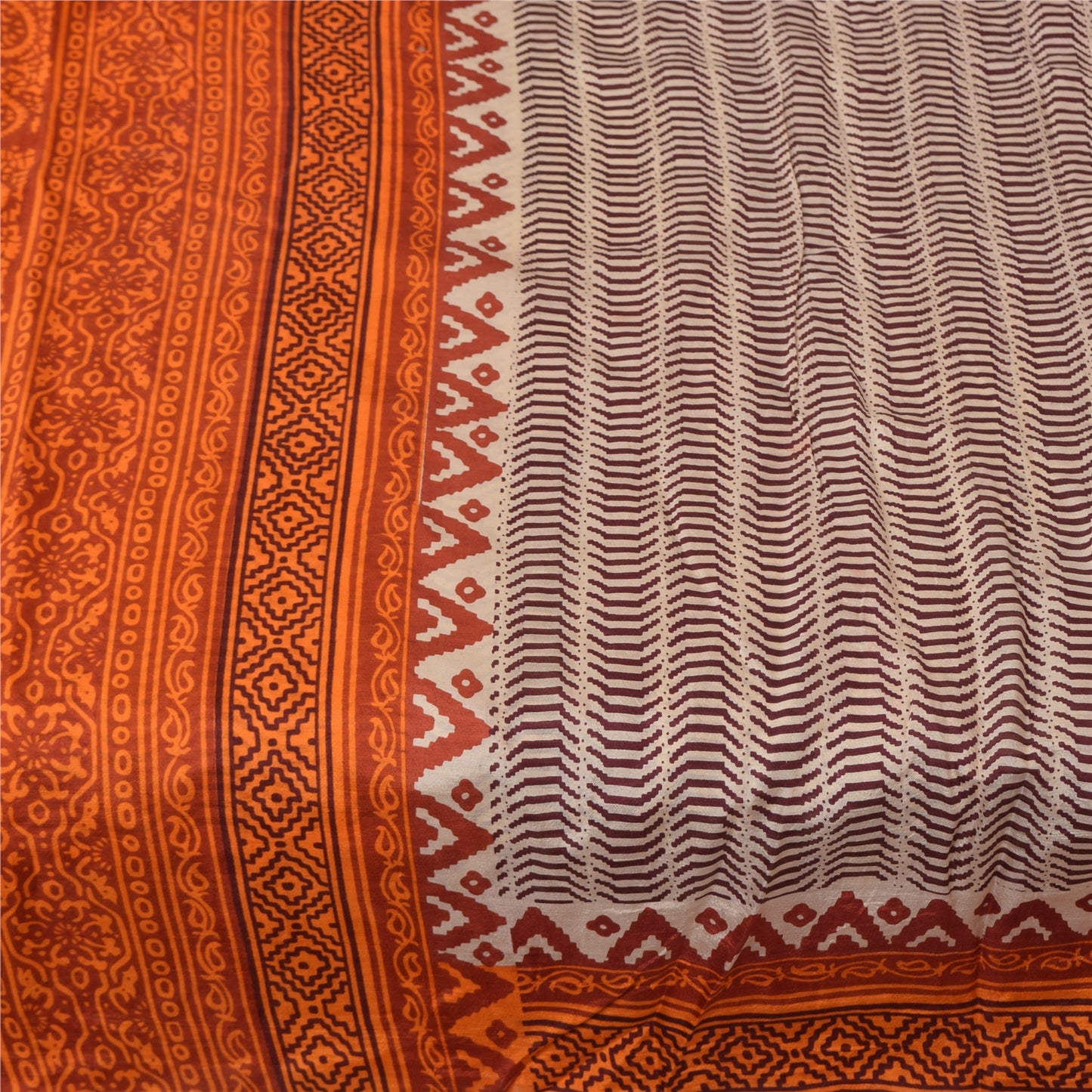 Sanskriti Vintage Ivory Indian Pure Silk Sarees Printed Sari 6 yd Craft Fabric