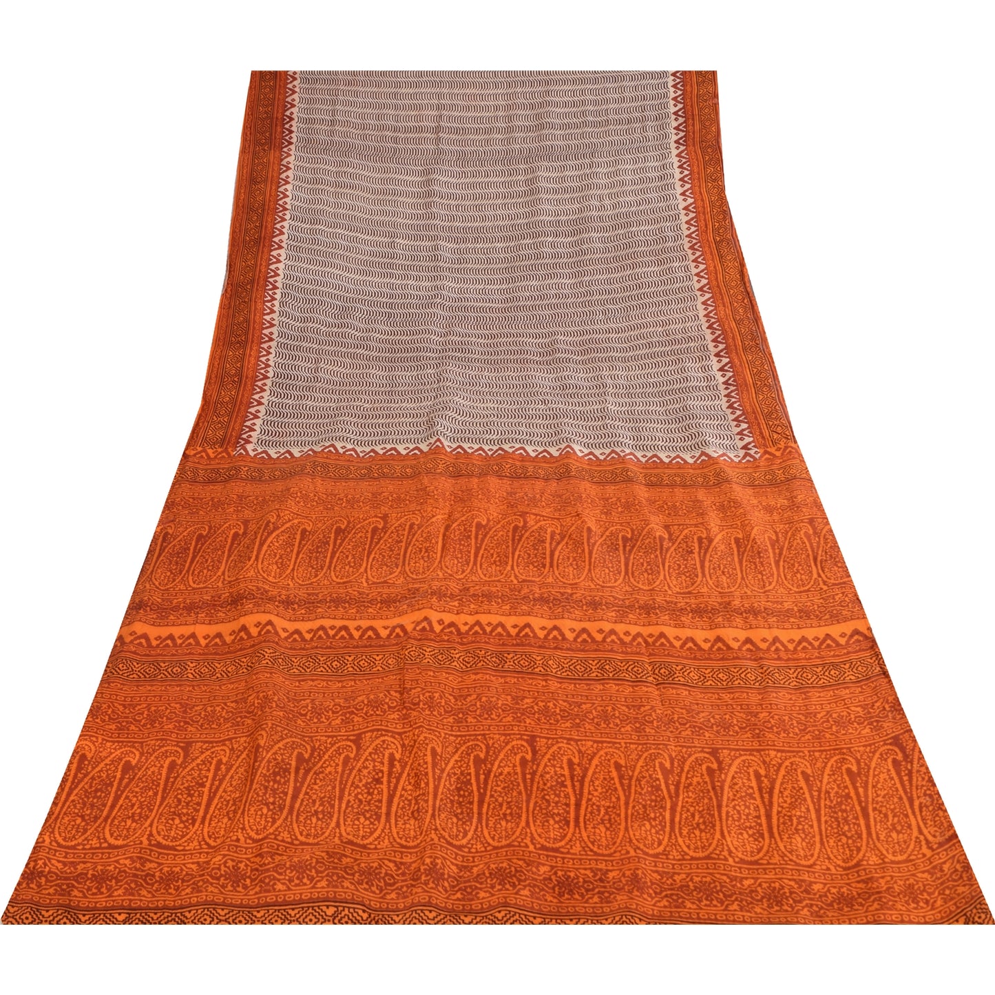 Sanskriti Vintage Ivory Indian Pure Silk Sarees Printed Sari 6 yd Craft Fabric