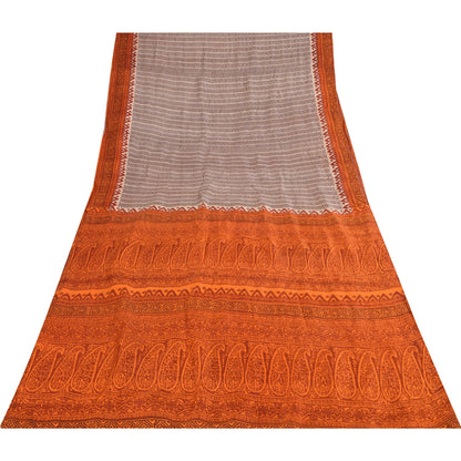 Sanskriti Vintage Ivory Indian Pure Silk Sarees Printed Sari 6 yd Craft Fabric