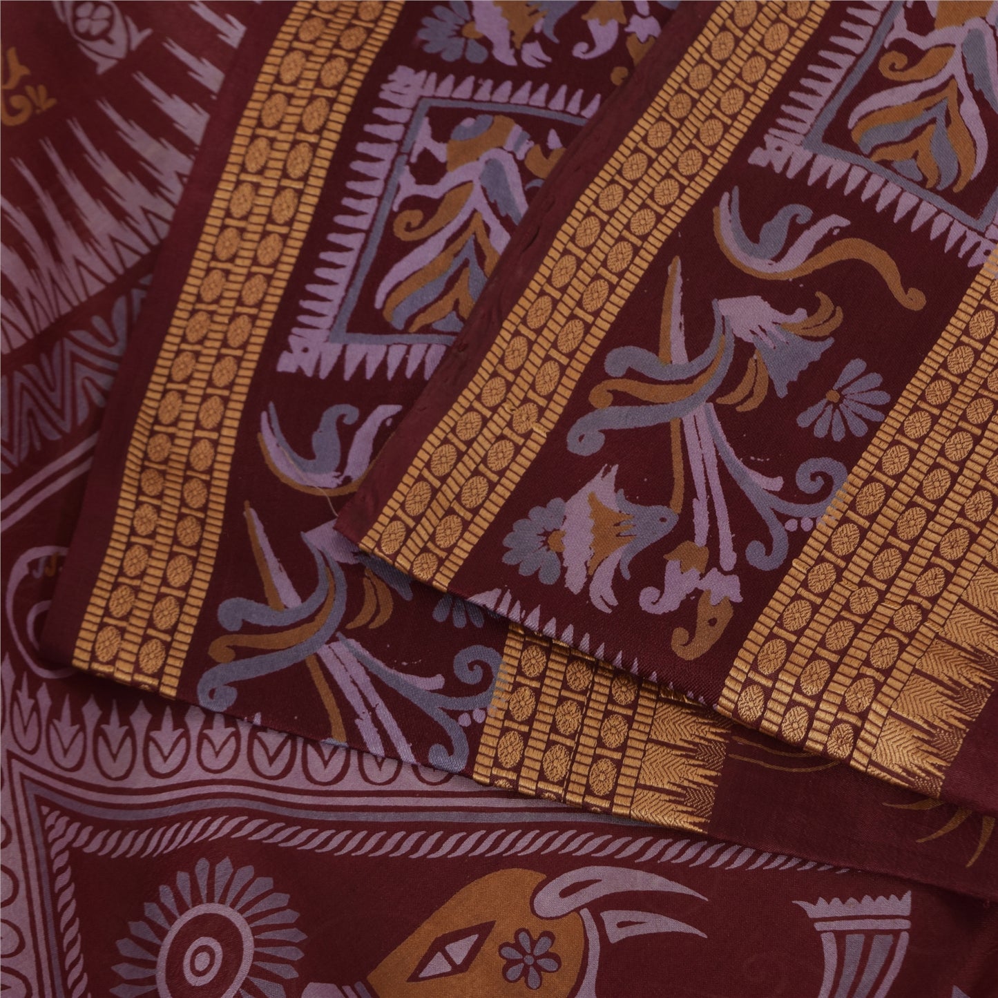 Sanskriti Vintage Orange/Red Pure Silk Sarees Human Animal Printed Sari Fabric