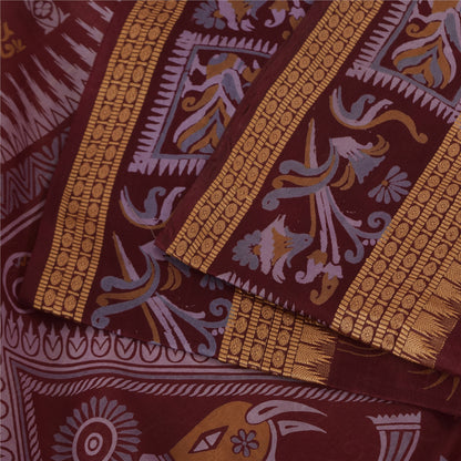 Sanskriti Vintage Orange/Red Pure Silk Sarees Human Animal Printed Sari Fabric