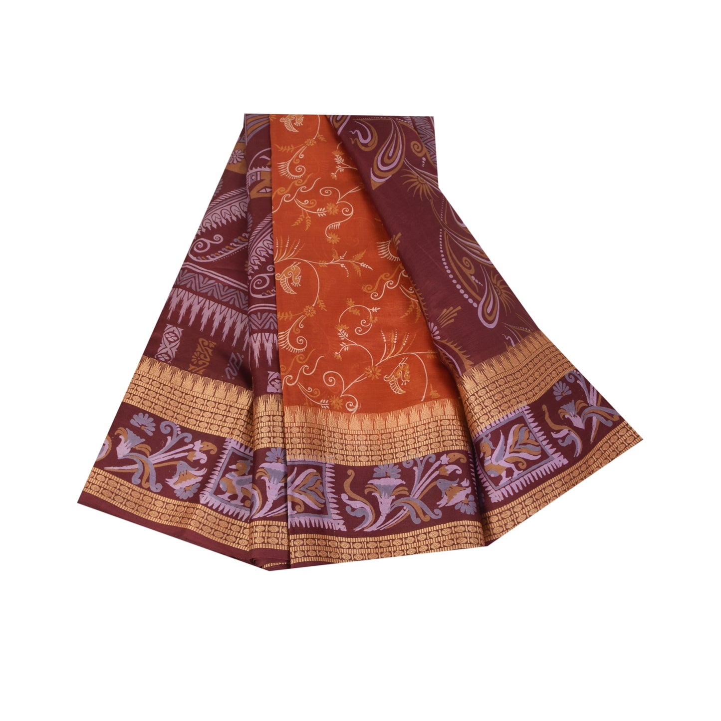 Sanskriti Vintage Orange/Red Pure Silk Sarees Human Animal Printed Sari Fabric