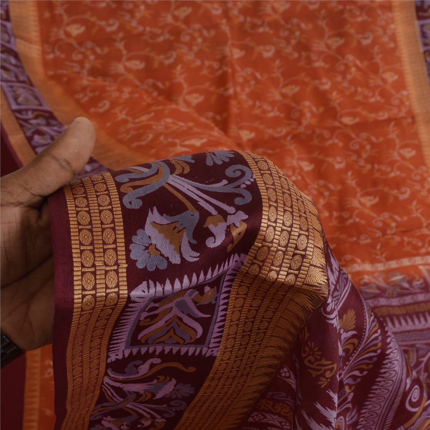 Sanskriti Vintage Orange/Red Pure Silk Sarees Human Animal Printed Sari Fabric