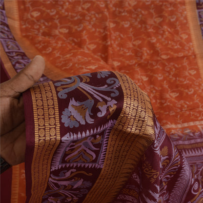 Sanskriti Vintage Orange/Red Pure Silk Sarees Human Animal Printed Sari Fabric