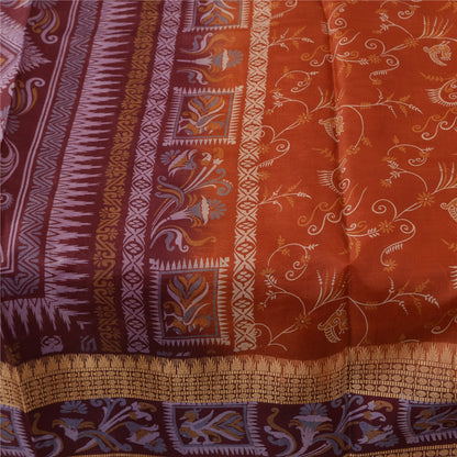 Sanskriti Vintage Orange/Red Pure Silk Sarees Human Animal Printed Sari Fabric