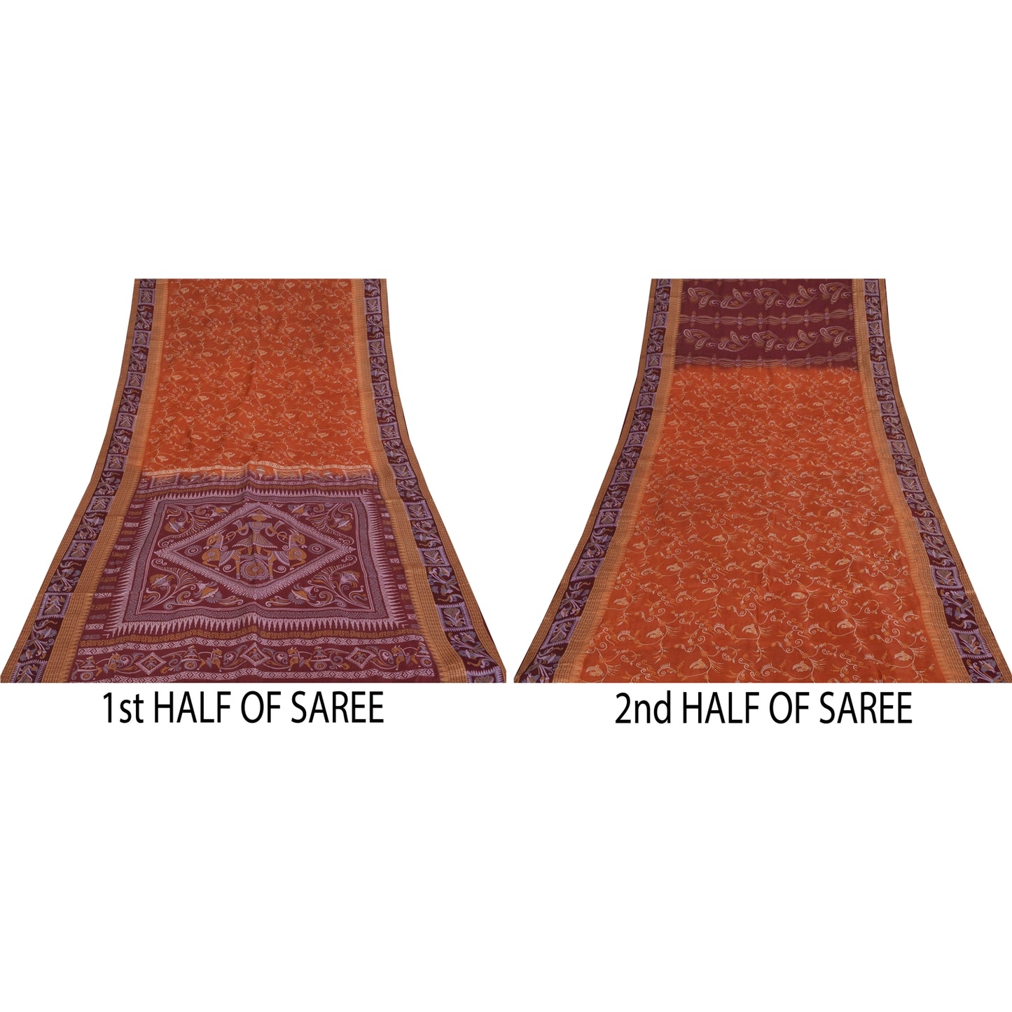 Sanskriti Vintage Orange/Red Pure Silk Sarees Human Animal Printed Sari Fabric