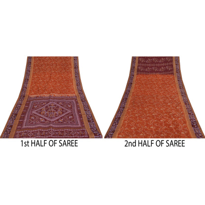 Sanskriti Vintage Orange/Red Pure Silk Sarees Human Animal Printed Sari Fabric