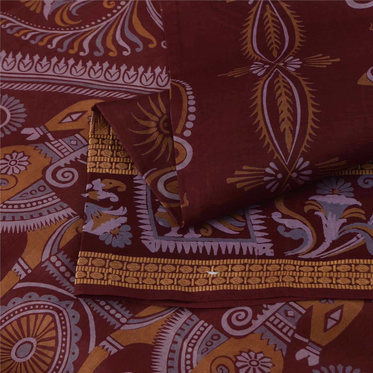 Sanskriti Vintage Orange/Red Pure Silk Sarees Human Animal Printed Sari Fabric