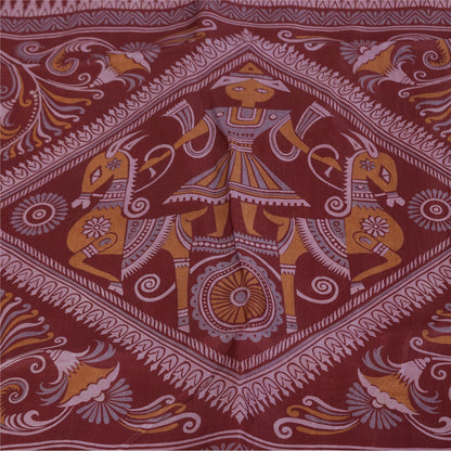 Sanskriti Vintage Orange/Red Pure Silk Sarees Human Animal Printed Sari Fabric