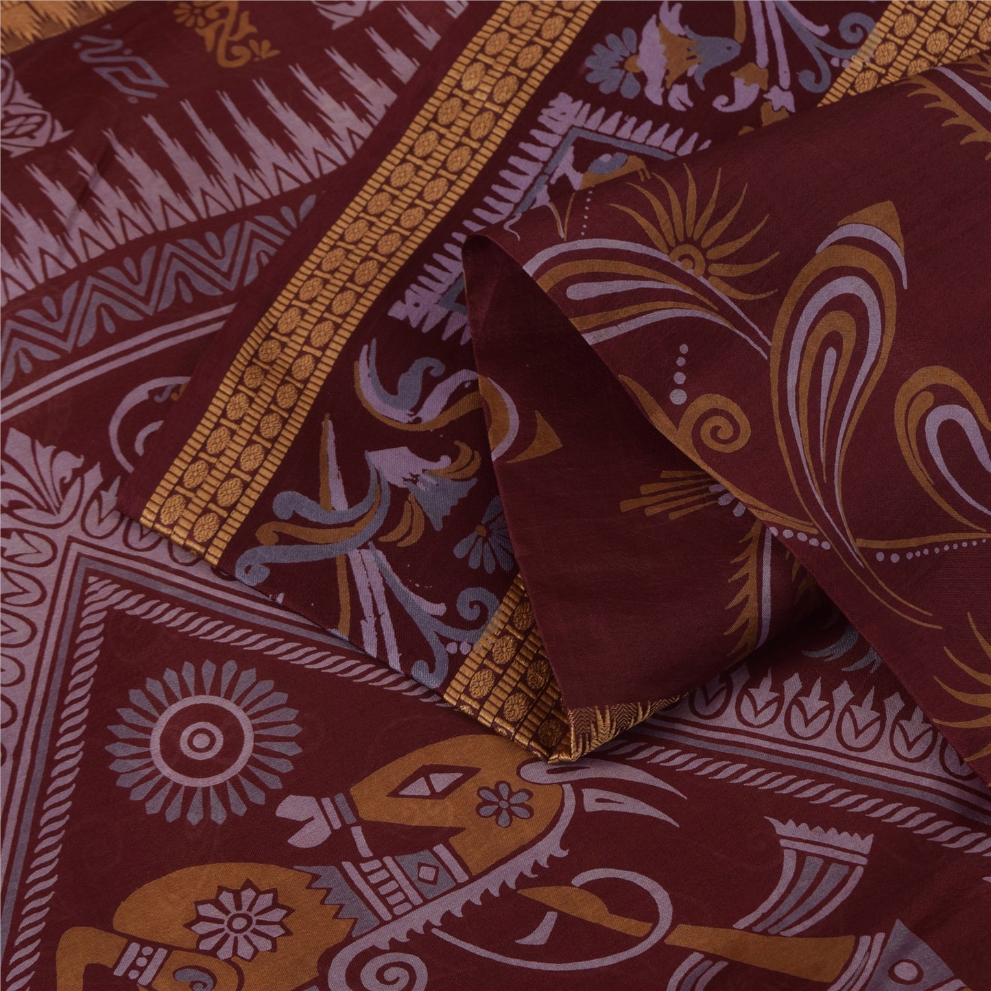 Sanskriti Vintage Orange/Red Pure Silk Sarees Human Animal Printed Sari Fabric