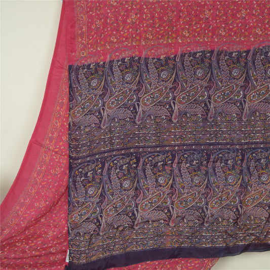 Sanskriti Vintage Hot Pink/Blå Ren Silke Sarier Trykt Sari Håndværk Bæredygtigt Stoff