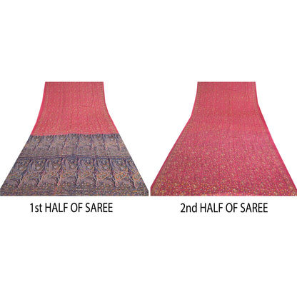 Sanskriti Vintage Hot Pink/Blue Pure Silk Sarees Printed Sari Craft Sustainable Fabric