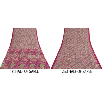 Sanskriti Vintage Pink Indian Blend Silk Sarees Printed Sari 6yd Craft Fabric
