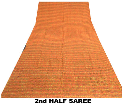 Sanskriti Vintage Orange Pure Silk Sarees Printed Sari Floral 5yd Craft Sustainable Fabric
