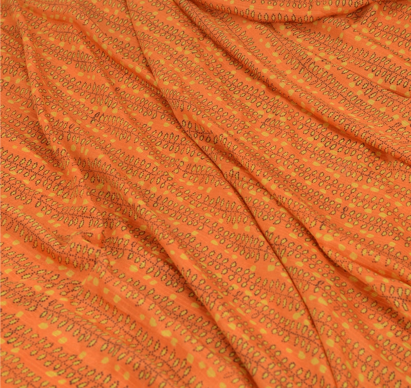 Sanskriti Vintage Orange Pure Silk Sarees Printed Sari Floral 5yd Craft Sustainable Fabric