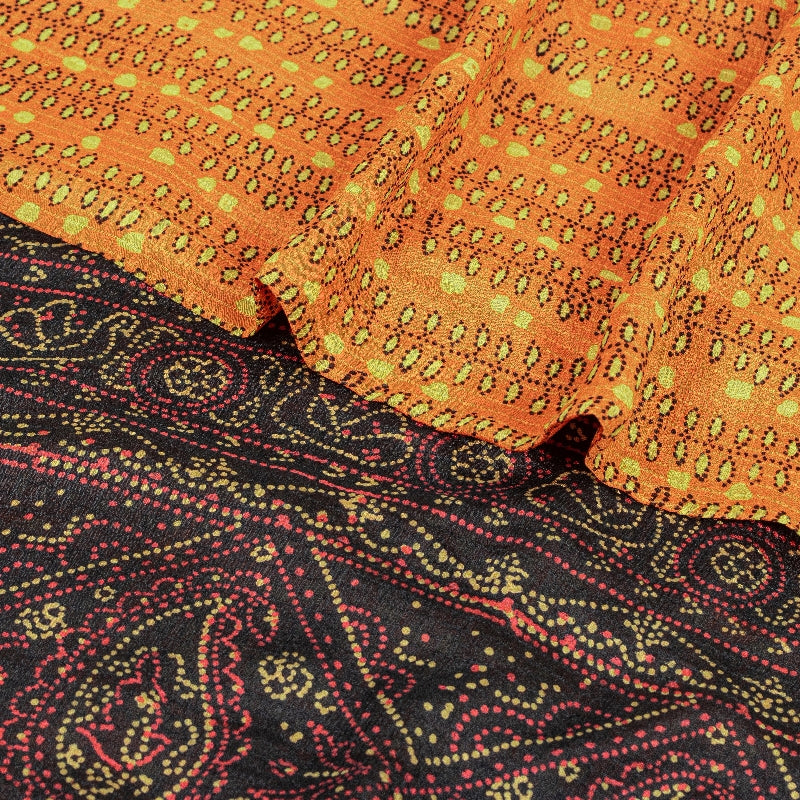 Sanskriti Vintage Orange Pure Silk Sarees Printed Sari Floral 5yd Craft Sustainable Fabric