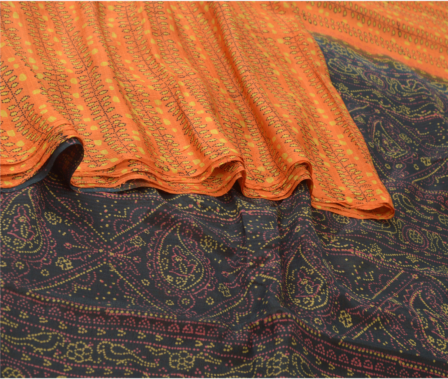 Sanskriti Vintage Orange Pure Silk Sarees Printed Sari Floral 5yd Craft Sustainable Fabric