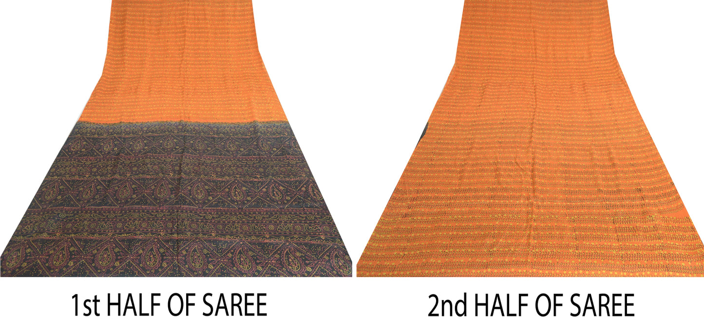 Sanskriti Vintage Orange Pure Silk Sarees Printed Sari Floral 5yd Craft Sustainable Fabric