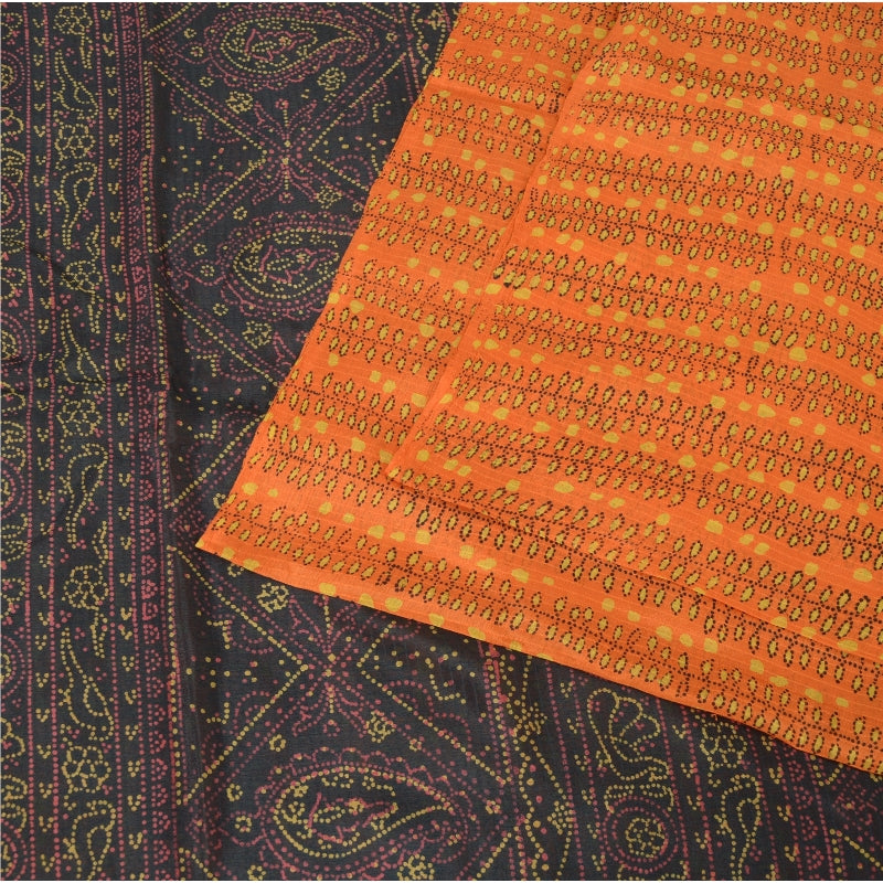 Sanskriti Vintage Orange Pure Silk Sarees Printed Sari Floral 5yd Craft Sustainable Fabric